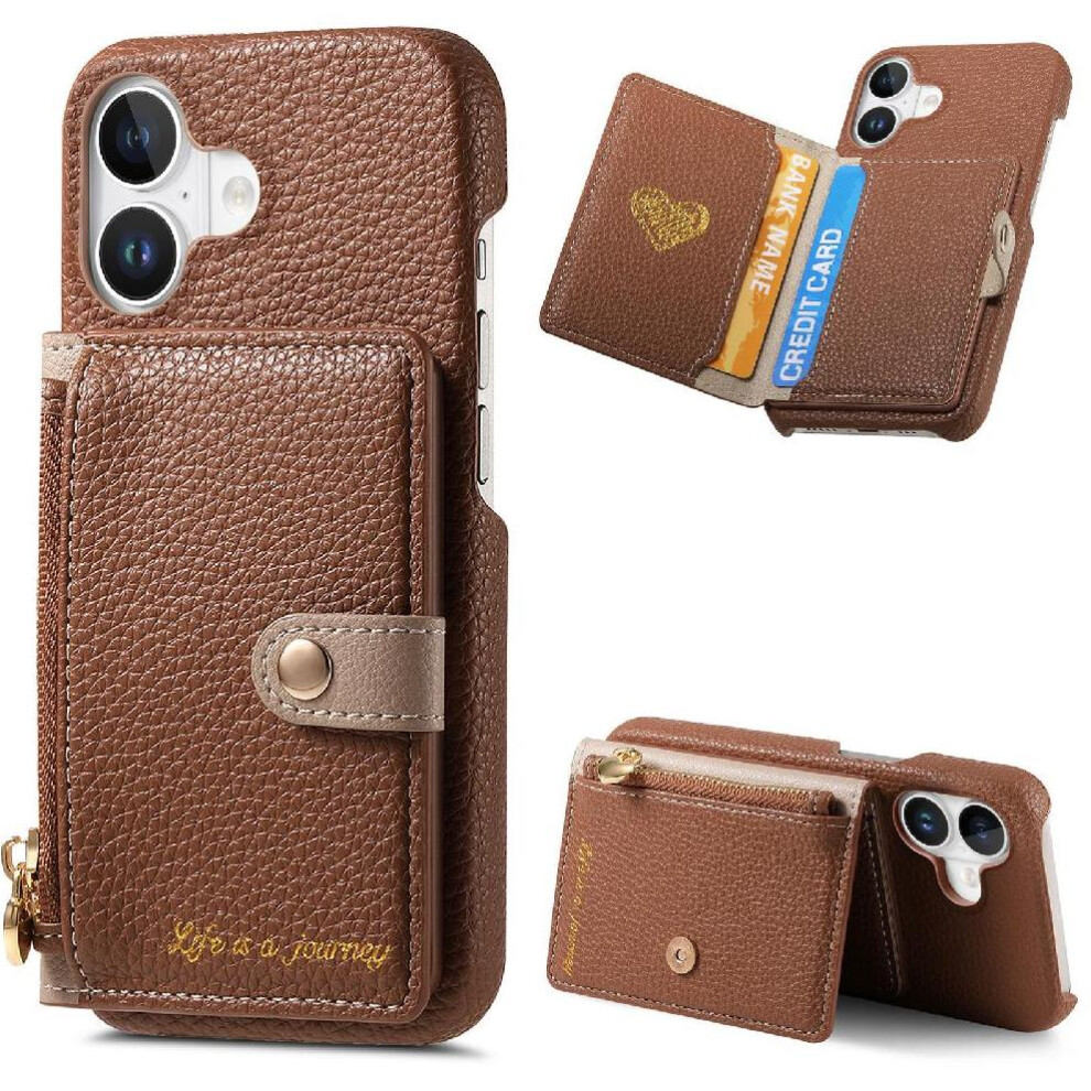 (Brown) Case For Iphone 16 Shockproof Stand Wallet Zipper Wallet Brown 764563729111