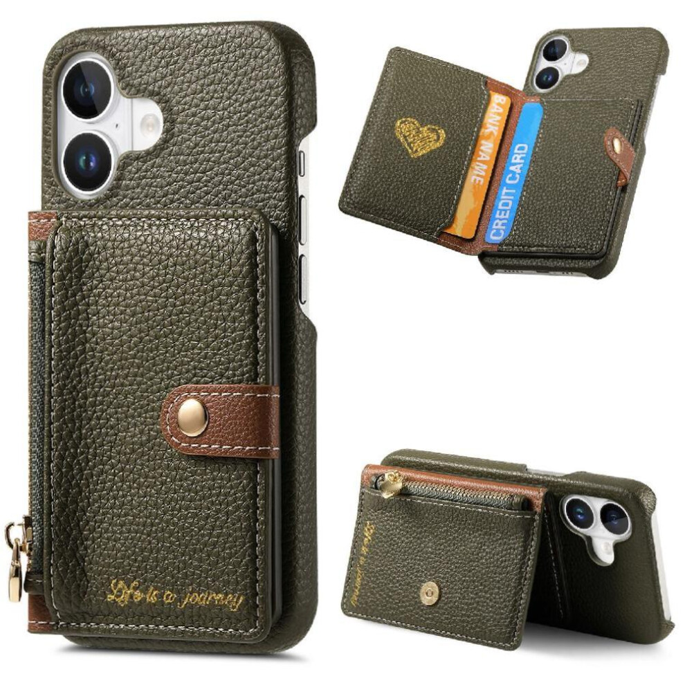 (Green) Case For Iphone 16 Shockproof Stand Wallet Zipper Wallet Green 764563729098
