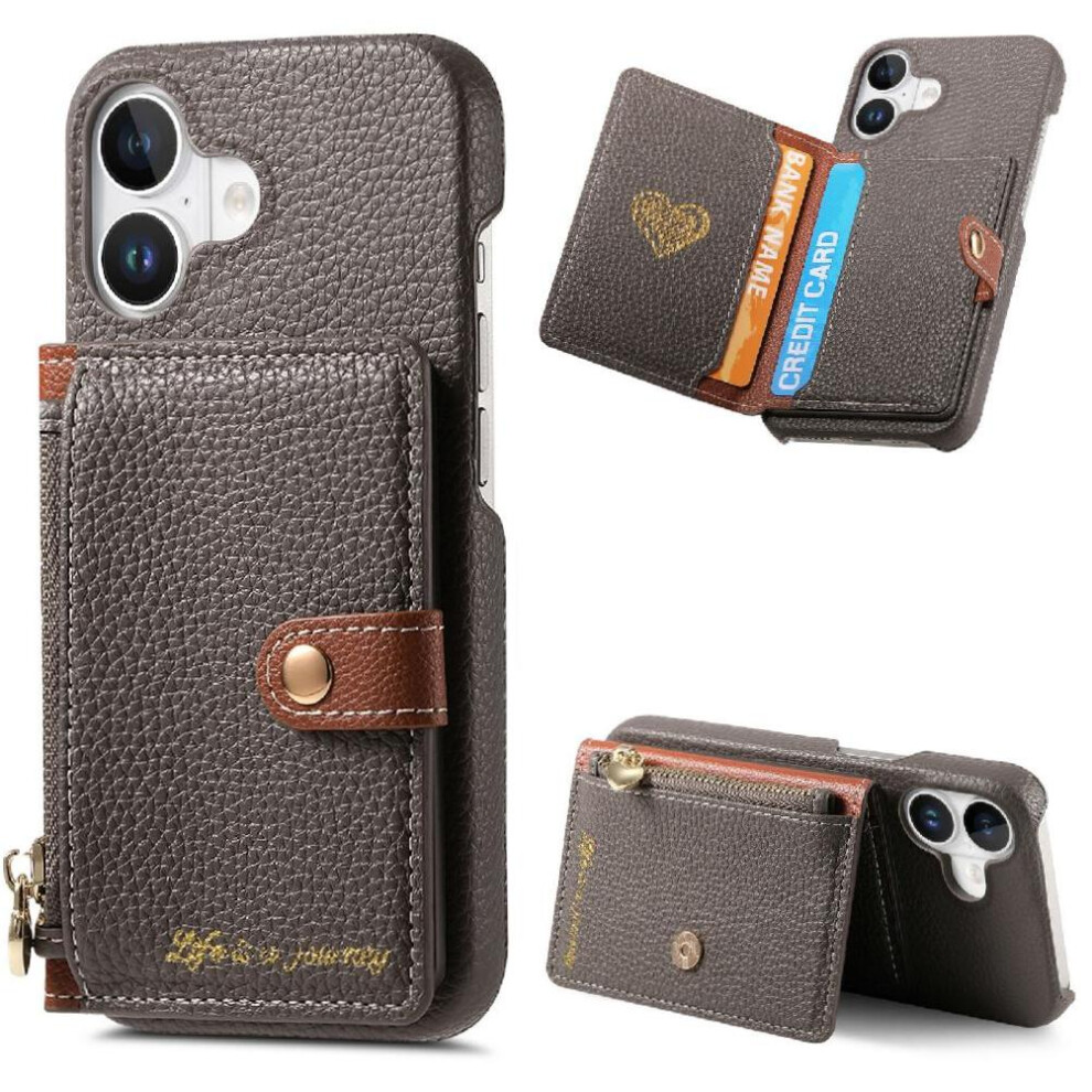 ( ) Case For Iphone 16 Plus Shockproof Wallet Stand Wallet Zipper Gray 764563729197