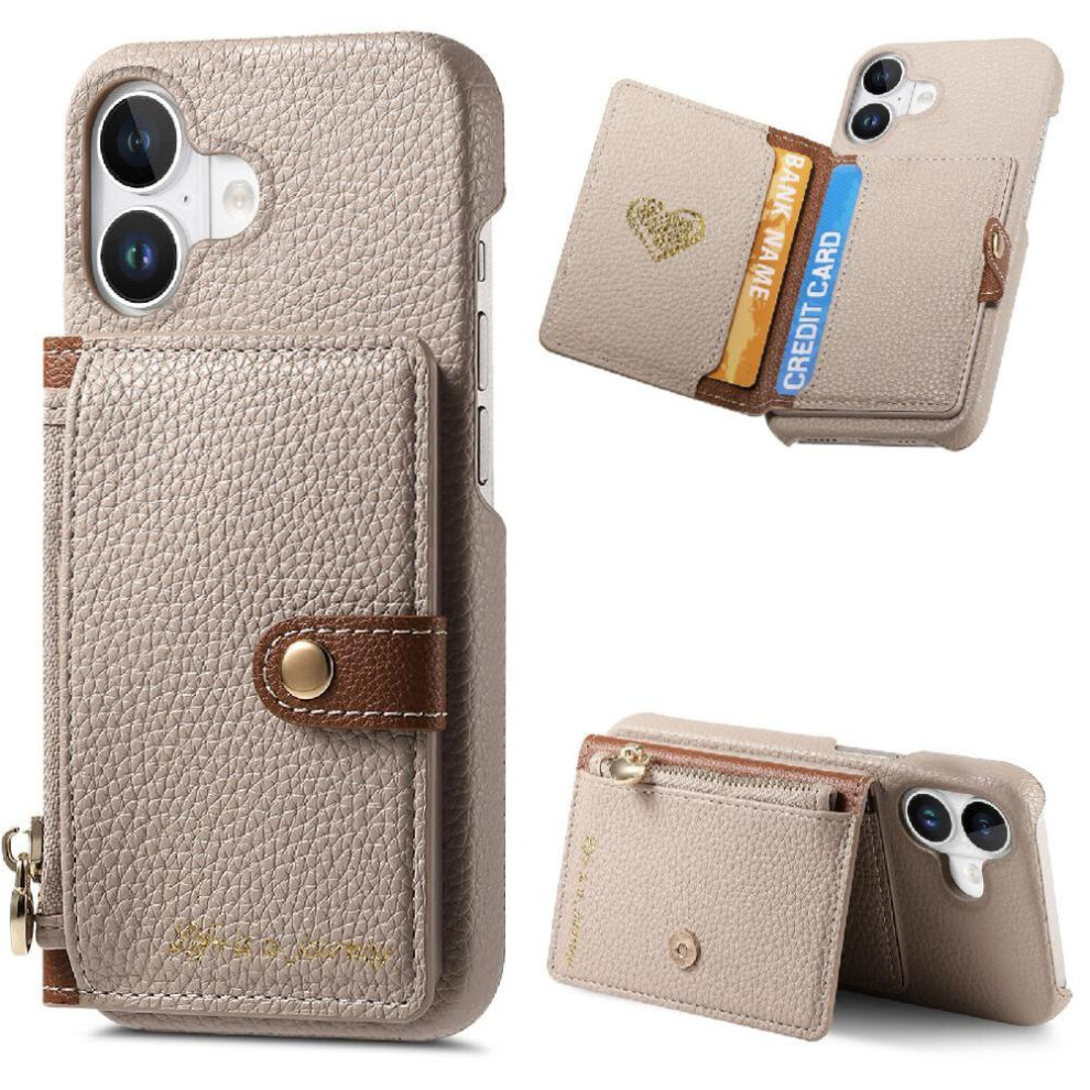 (Khaki ) Case For Iphone 16 Plus Shockproof Wallet Stand Wallet Zipper 764563729135