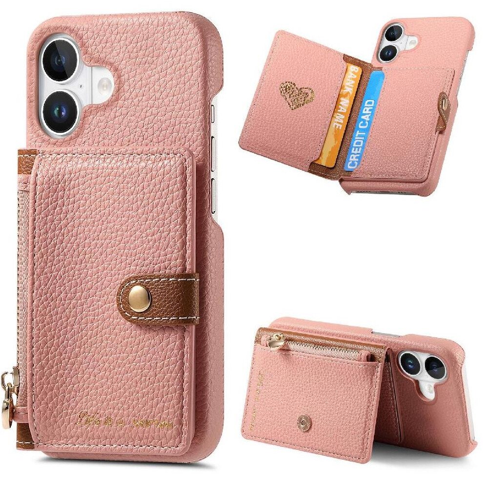 (Pink) Case For Iphone 16 Plus Shockproof Wallet Stand Wallet Zipper Pink 764563729173