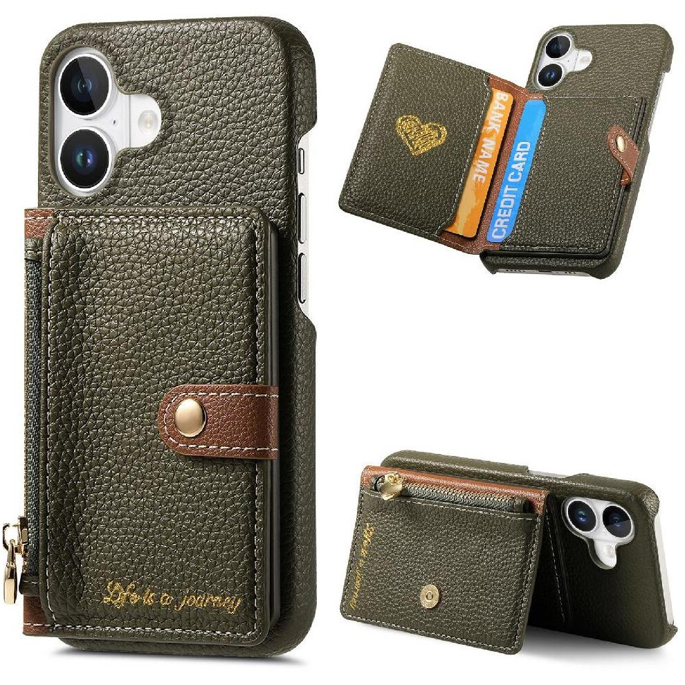 (Green) Case For Iphone 16 Plus Shockproof Wallet Stand Wallet Zipper Green 764563729166
