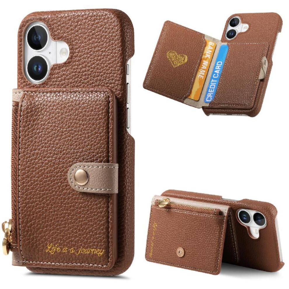 (Brown) Case For Iphone 16 Plus Shockproof Wallet Stand Wallet Zipper Brown 764563729180