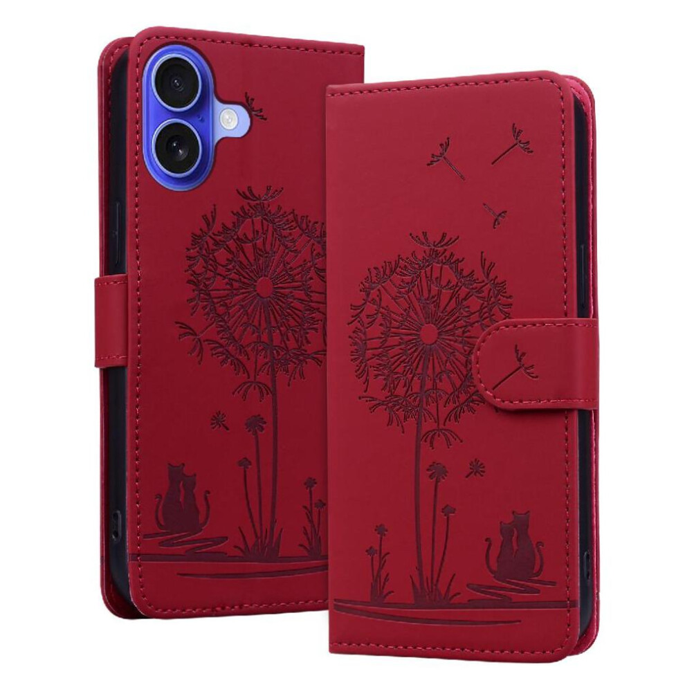 (Red) Flip Case For Iphone 16 Premium Leather Stand Three Card Slots Kickstand Red 764563730841