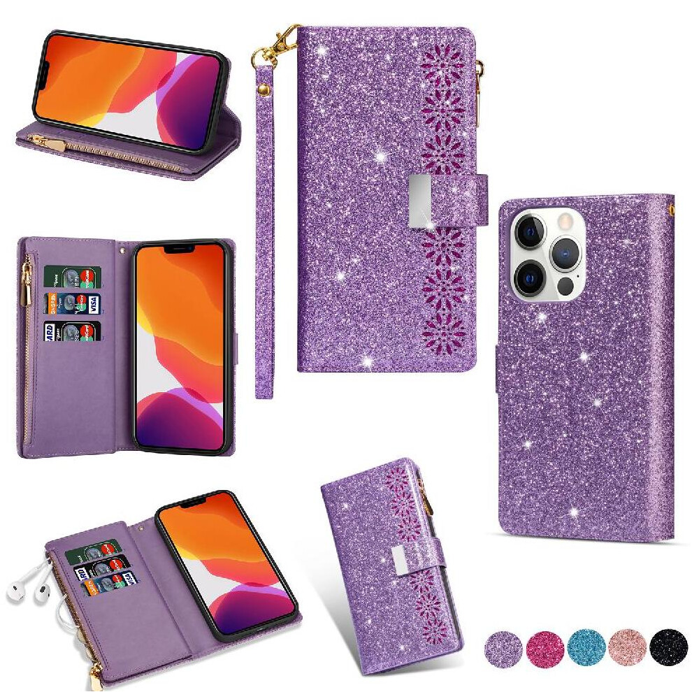 (Purple) Glitter Wallet Case For Iphone 13 Pro Max Card Holder Kickstand Magnetic Zipper Pocket Wallet Case Wrist Strap Purple 764563731114