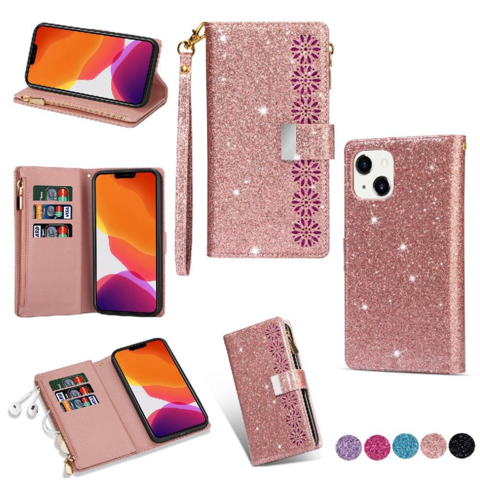 (Rose ) Glitter Wallet Case For Iphone 13 Mini Wallet Case Zipper Pocket Kickstand Magnetic Card Holder Wrist Strap Gold 764563731244