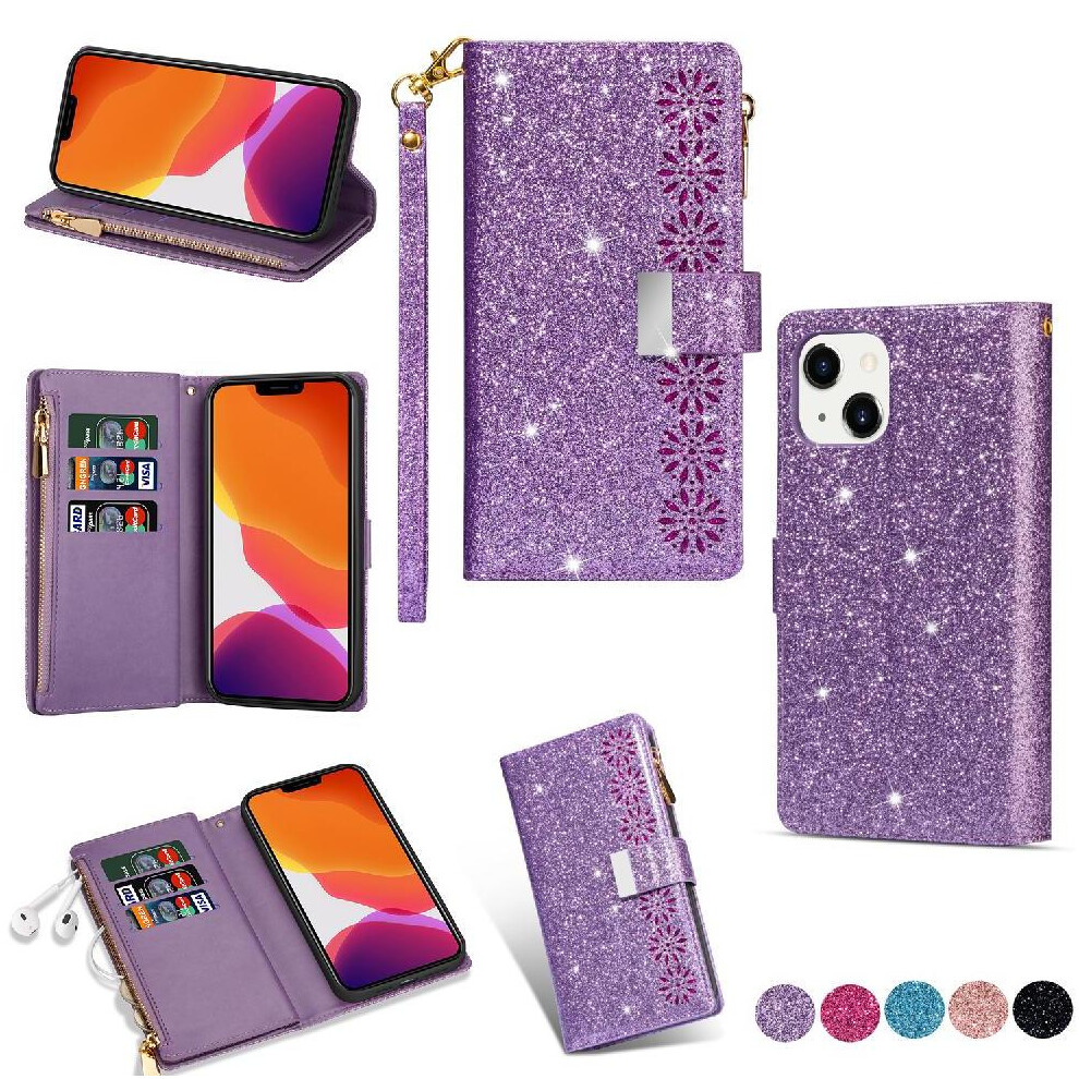 (Purple) Glitter Wallet Case For Iphone 13 Mini Wallet Case Zipper Pocket Kickstand Magnetic Card Holder Wrist Strap Purple 764563731213