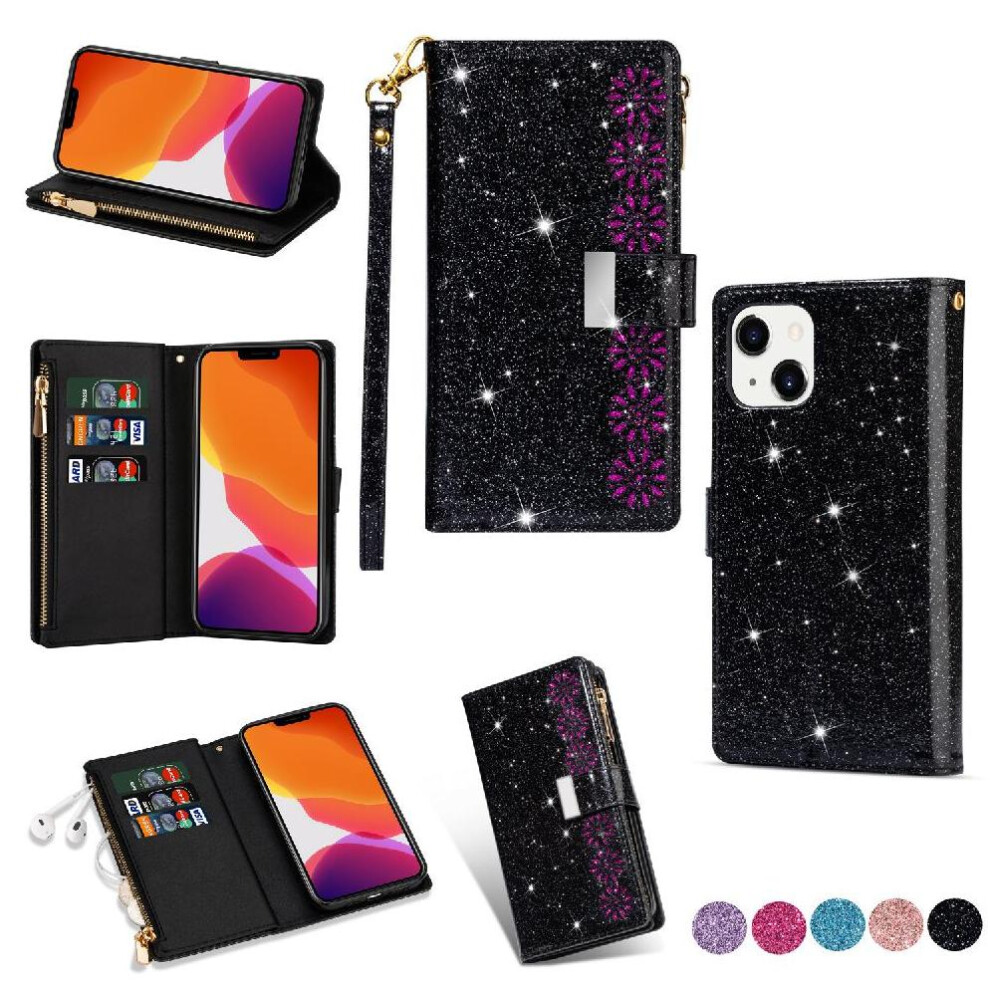 (Black) Glitter Wallet Case For Iphone 13 Mini Wallet Case Zipper Pocket Kickstand Magnetic Card Holder Wrist Strap Black 764563731251