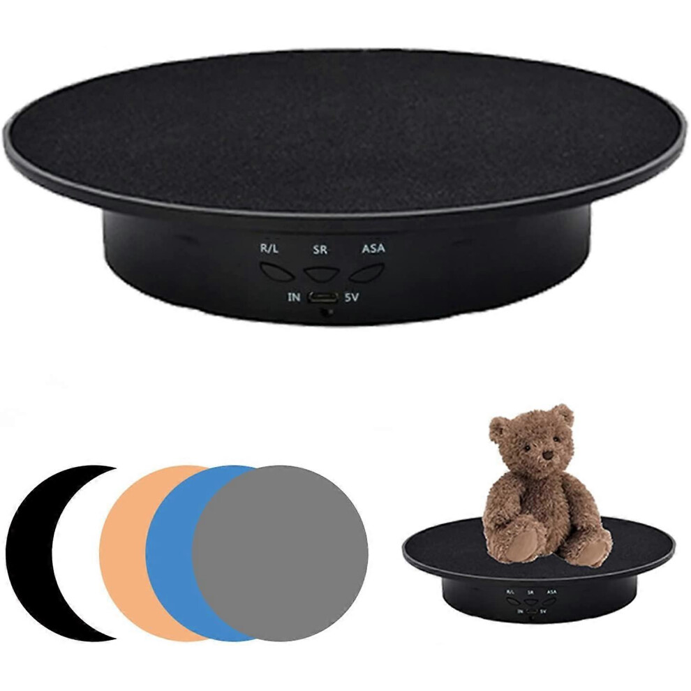 (As show, One size) Motorized Turntable Display Rack, 90-180-360 Degree Electric Stand, 8kg Load, 20cm Diameter with 5 PVC Bottoms (Black)