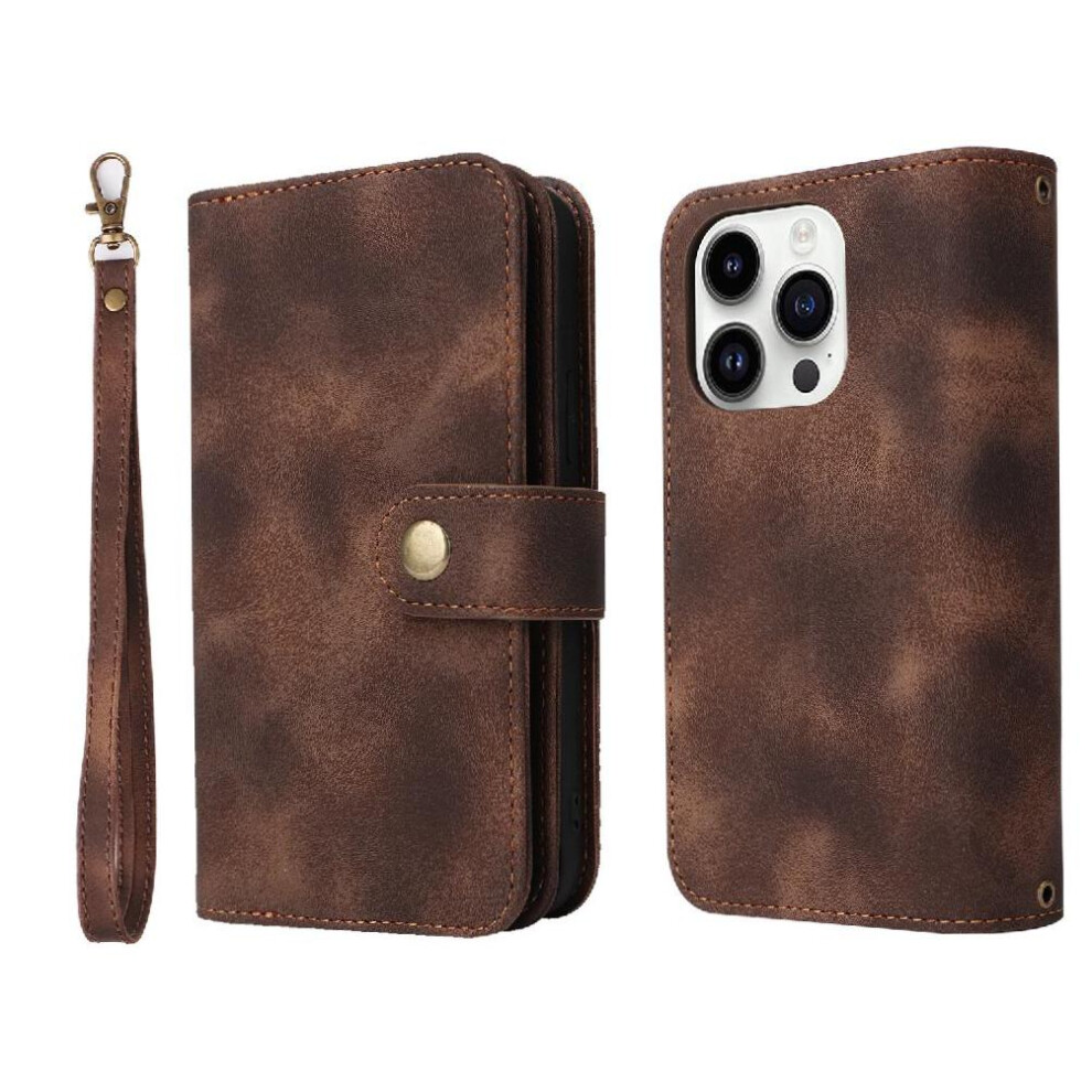 (Brown) Flip Case For Iphone 13 Pro Shockproof Wrist Strap Multifunctional Wallet Card Slots Flip Brown 764563732678