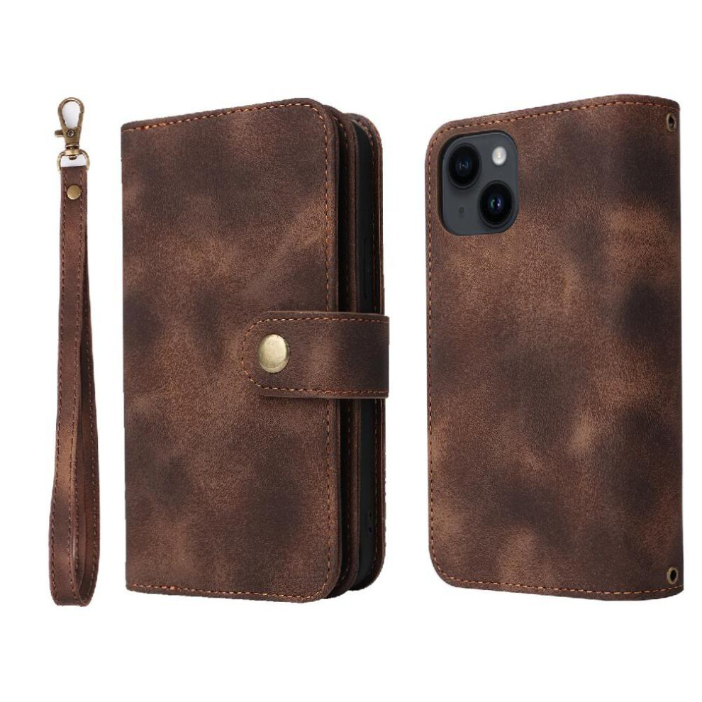 (Brown) Flip Case For Iphone 13 Mini Multifunctional Wallet Flip Shockproof Card Slots Wrist Strap Brown 764563732845
