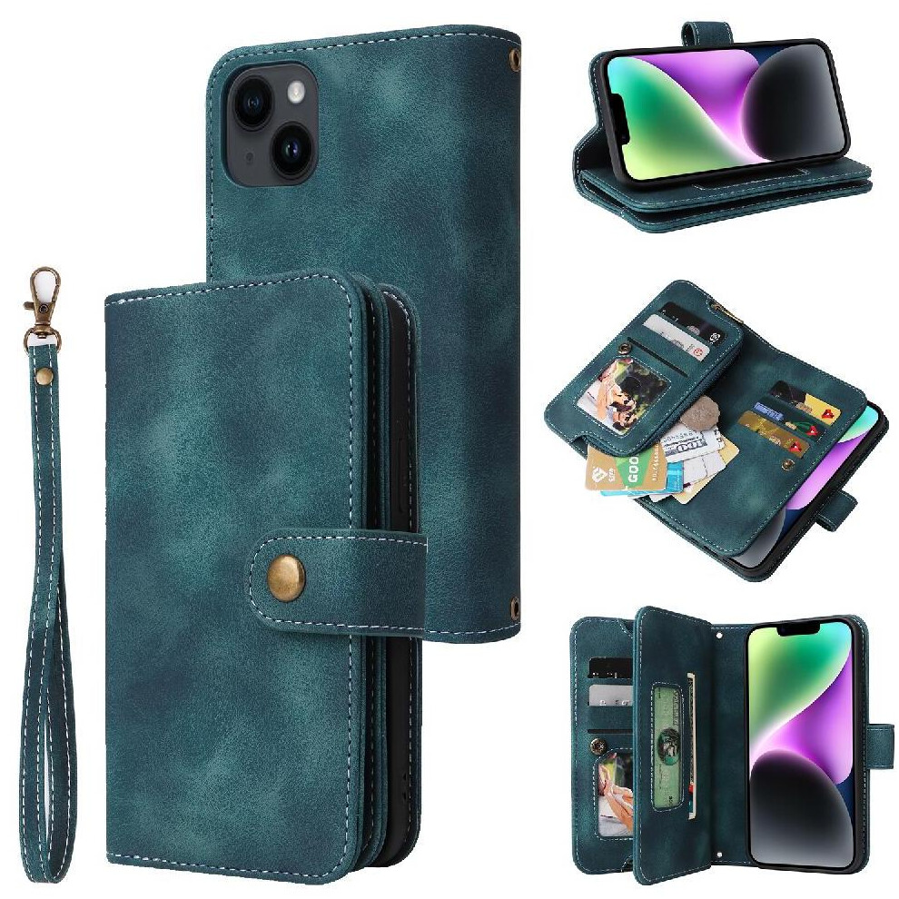 (Blue) Flip Case For Iphone 13 Flip Multifunctional Wallet Wrist Strap Card Slots Shockproof Blue 764563732937