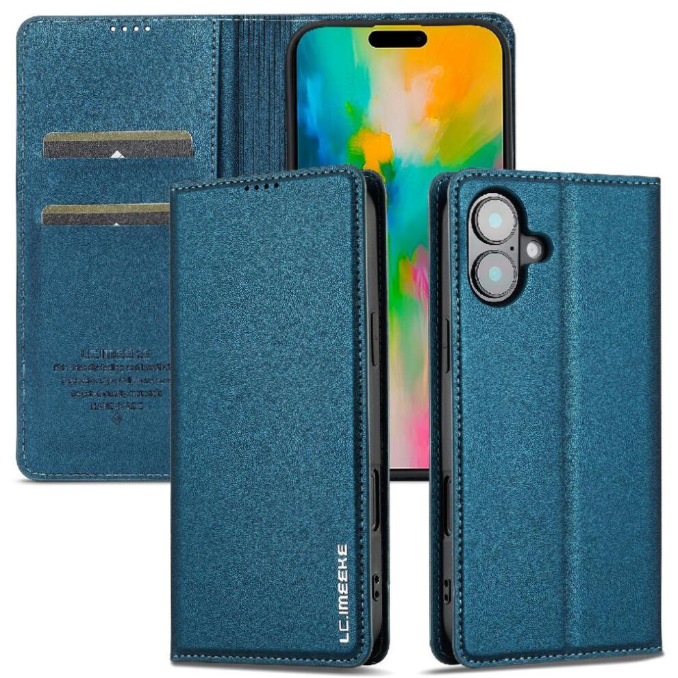 (Blue) Flip Case For Iphone 16 Magnetic Wallet Thin Pu Leather Kickstand Card Holder Blue 764563734023