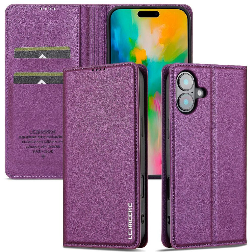 (Purple) Flip Case For Iphone 16 Magnetic Wallet Thin Pu Leather Kickstand Card Holder Purple 764563734016
