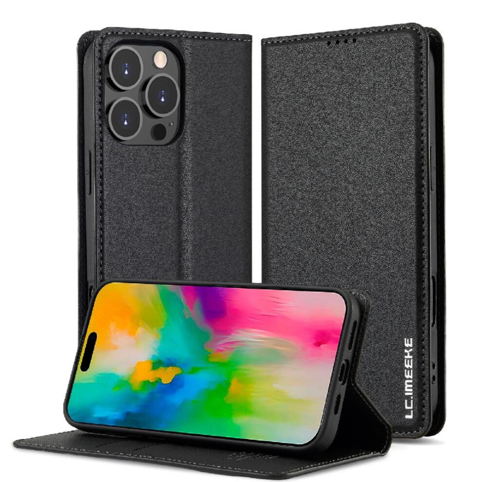 (Black) Flip Case For Iphone 16 Pro Kickstand Card Holder Magnetic Wallet Thin Pu Leather Black 764563734092