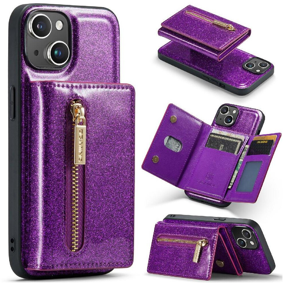 ( Violet) Wallet Case For Iphone 13 Protective Card Slots Zipper Wallet Bling Pu Leather Magnetic Dark 764563734788
