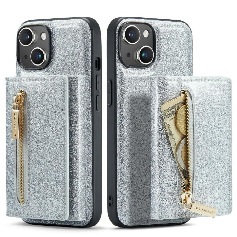 (Silver) Wallet Case For Iphone 13 Protective Card Slots Zipper Wallet Bling Pu Leather Magnetic Silver 764563734764