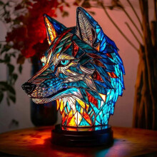 (wolf shape) Stained Glass Table Lamp Animal Shap Moroccan Night Stand Lamp, Bohemian Painting Night Light Decorative Bedside Lamps Decor