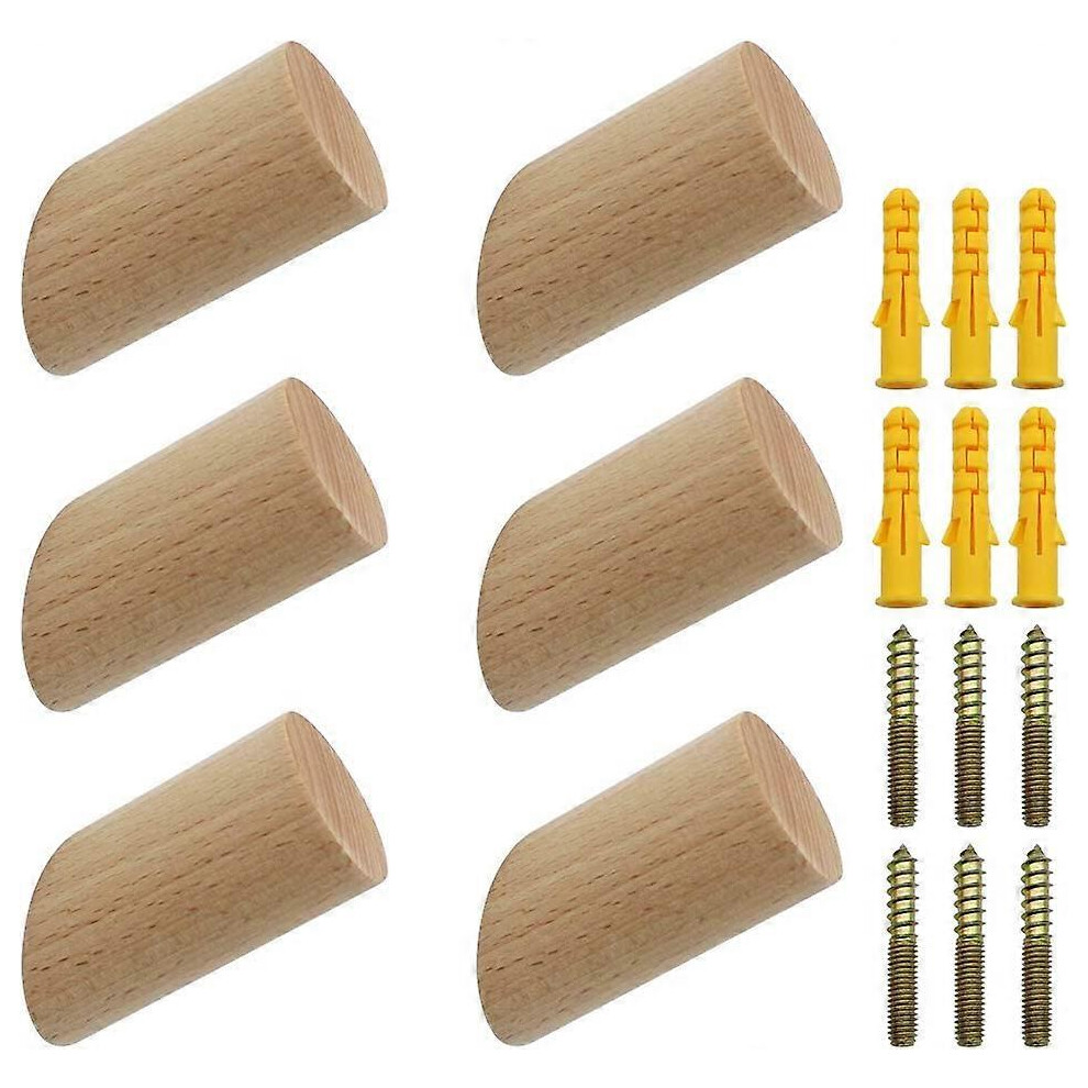 (As show, One size) Set of 6 Beech Wood Wall Hooks 3x6cm Cylinder Wall Coat Hook Decorative Hook for Coat Hat Scarf Bag Towel - Maximum Load 15kg