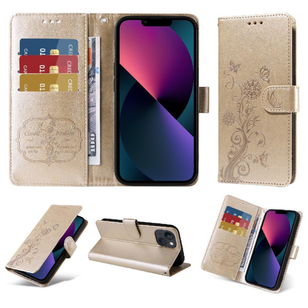 (Gold) Flip Case For Iphone 13 Leather Cardslots Flip Flower Gold 764563735617