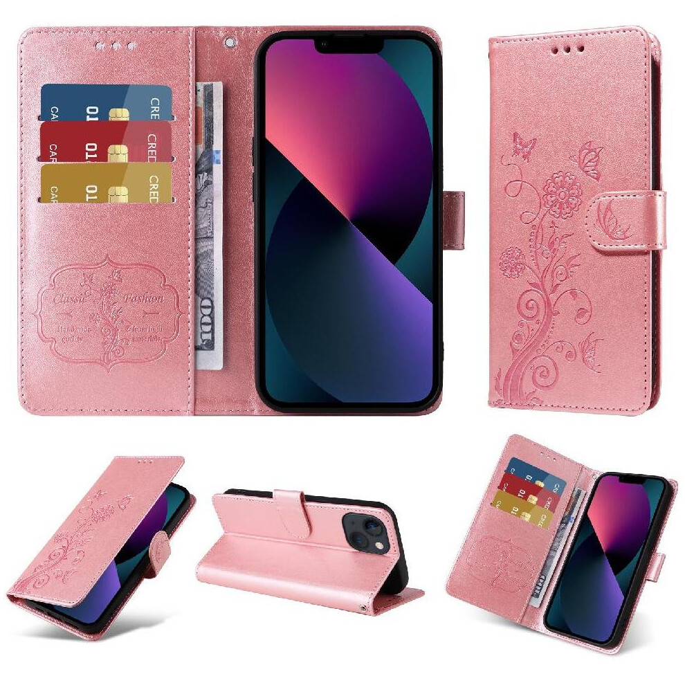 (Rose ) Flip Case For Iphone 13 Leather Cardslots Flip Flower Gold 764563735624
