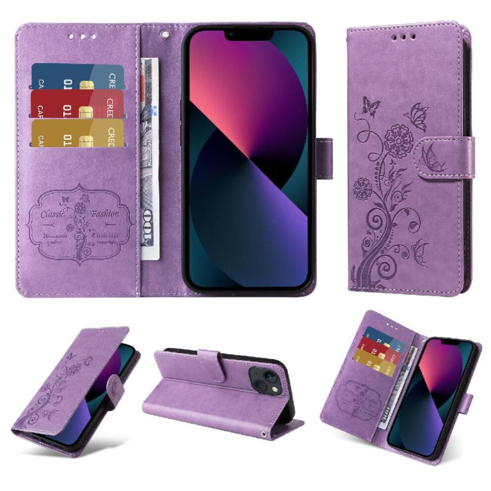 (Purple) Flip Case For Iphone 13 Mini Leather Cardslots Flower Flip Purple 764563735631