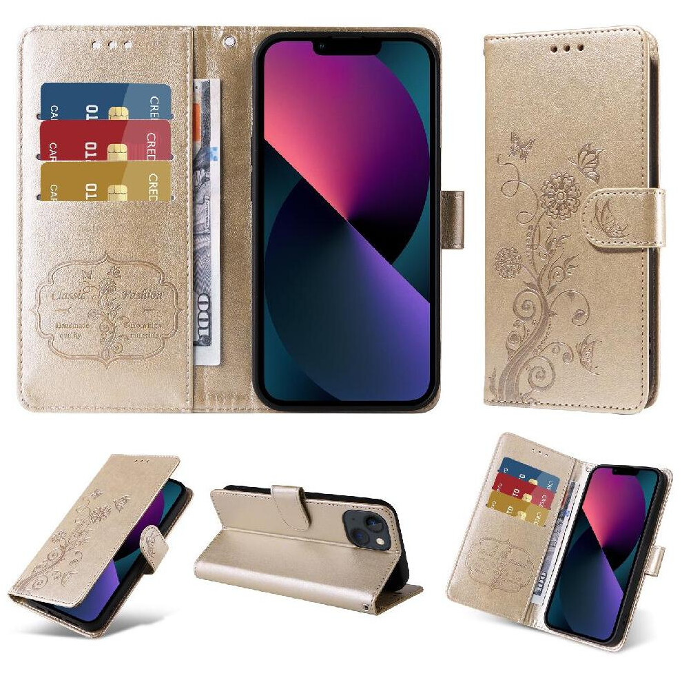 (Gold) Flip Case For Iphone 13 Mini Leather Cardslots Flower Flip Gold 764563735662