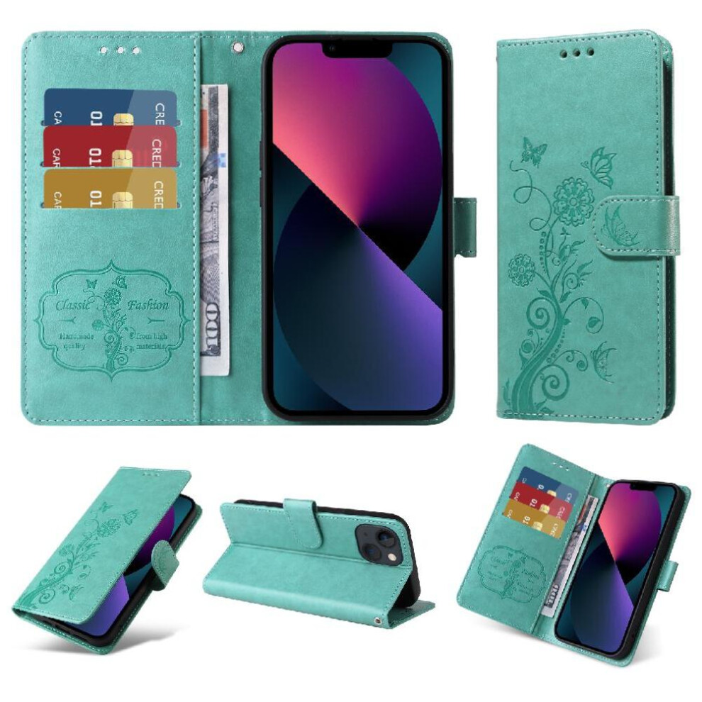 (Green) Flip Case For Iphone 13 Mini Leather Cardslots Flower Flip Green 764563735648