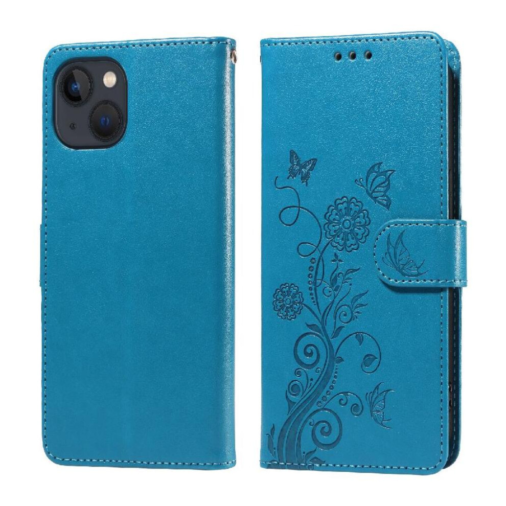 (Blue) Flip Case For Iphone 13 Mini Leather Cardslots Flower Flip Blue 764563735655