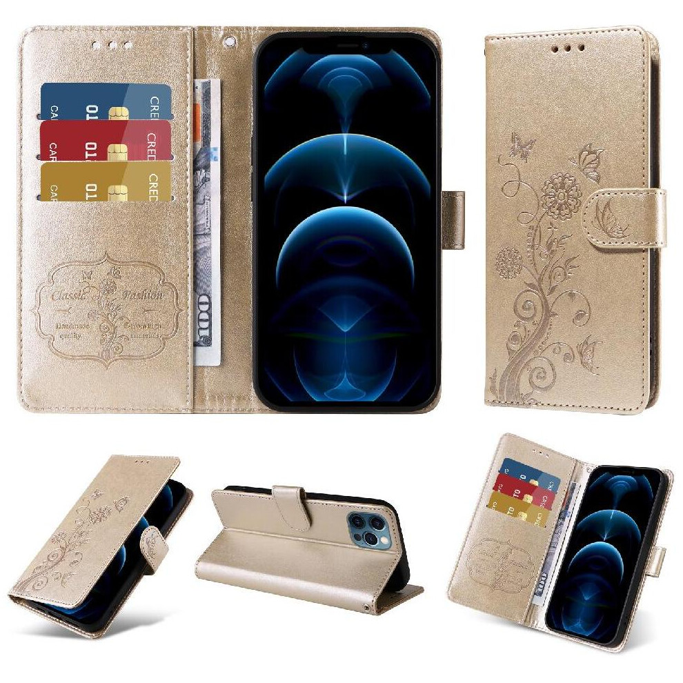 (Gold) Flip Case For Iphone 13 Pro Cardslots Leather Flower Flip Gold 764563735716