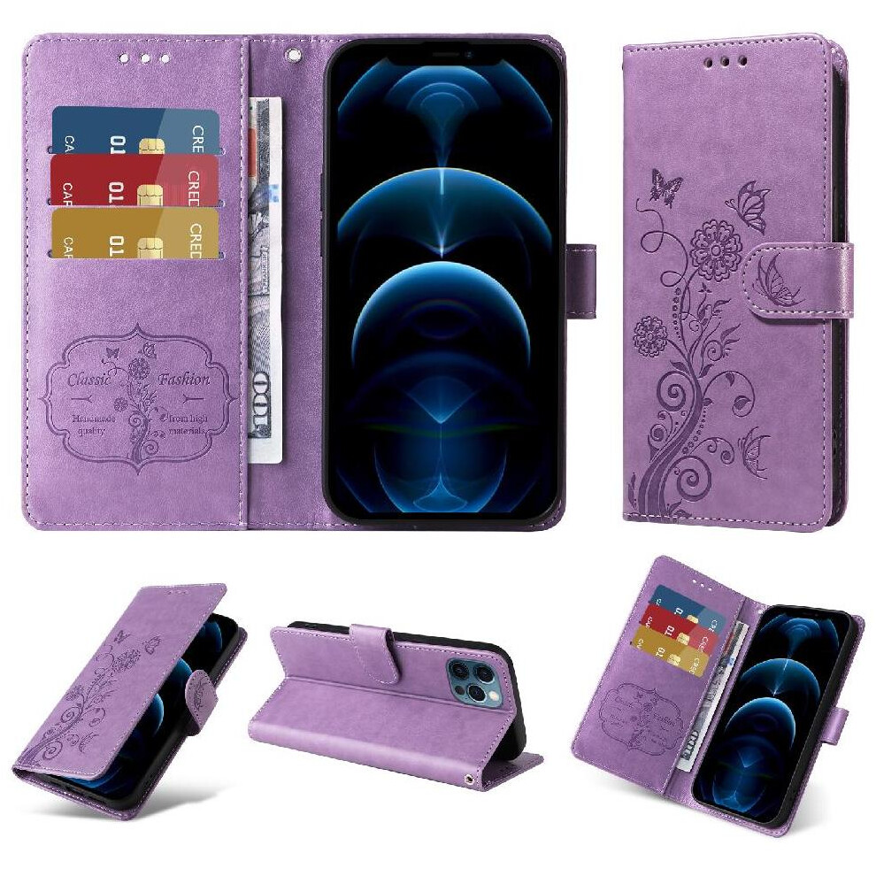 (Purple) Flip Case For Iphone 13 Pro Cardslots Leather Flower Flip Purple 764563735686