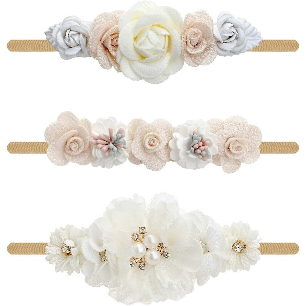 (As show, One size) 3Pieces Baby Girl Nylon Headbands Flower Elastic Hair Band Bows Hair Accessories for Newborn Infant Toddler-Cute