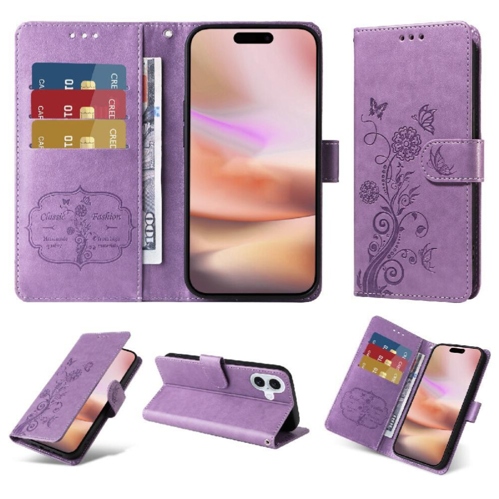 (Purple) Flip Case For Iphone 16 Cardslots Flower Leather Flip Purple 764563735785