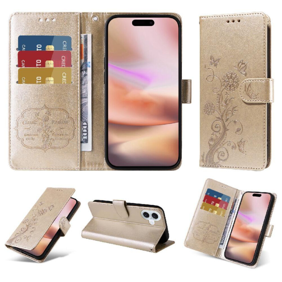 (Gold) Flip Case For Iphone 16 Cardslots Flower Leather Flip Gold 764563735815