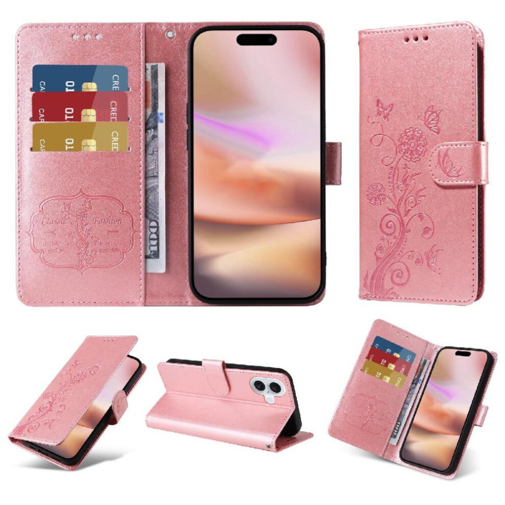 (Rose ) Flip Case For Iphone 16 Plus Leather Cardslots Flower Flip Gold 764563735877