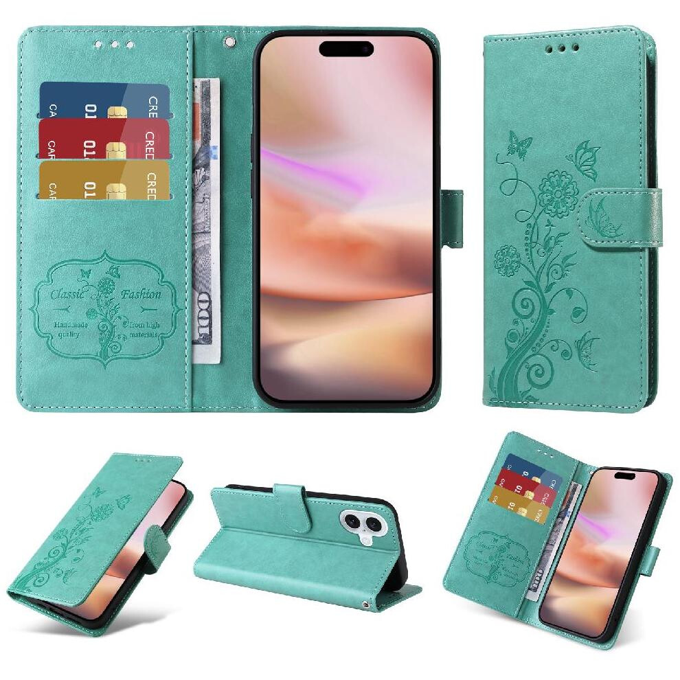 (Green) Flip Case For Iphone 16 Plus Leather Cardslots Flower Flip Green 764563735846