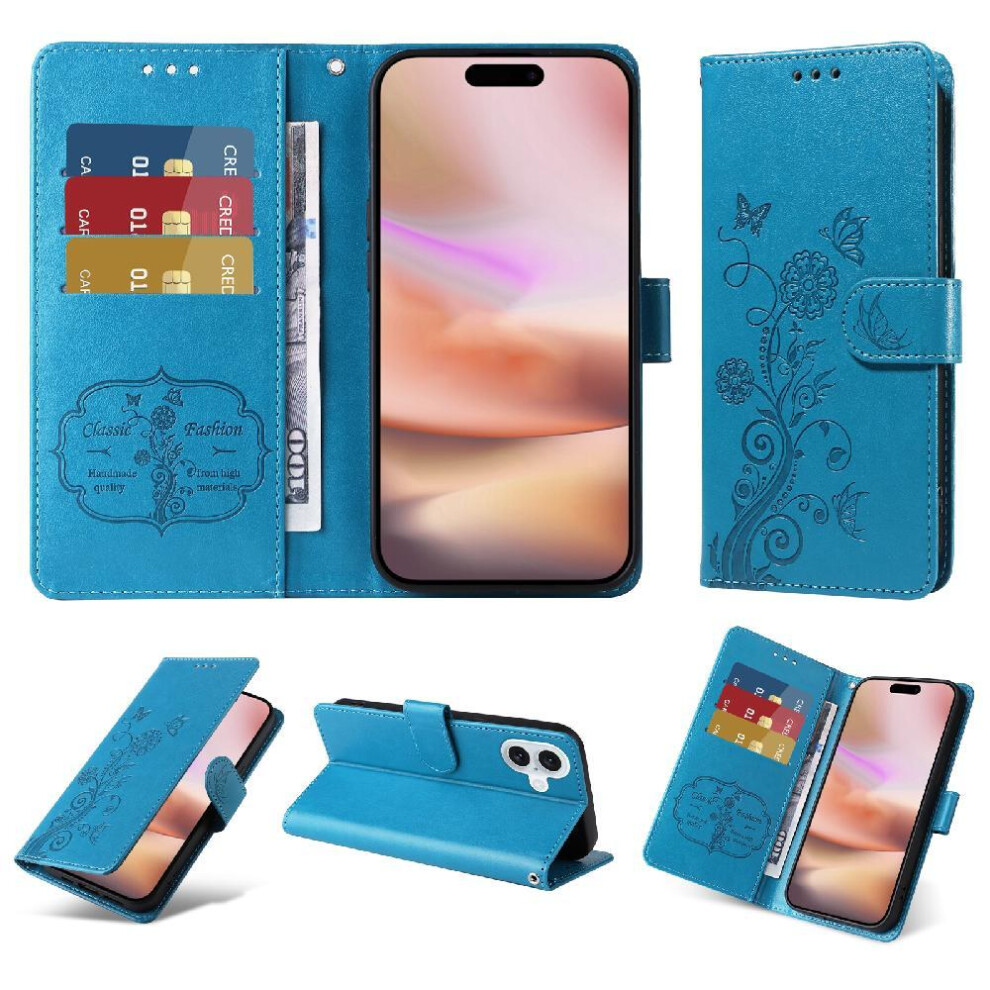 (Blue) Flip Case For Iphone 16 Plus Leather Cardslots Flower Flip Blue 764563735853
