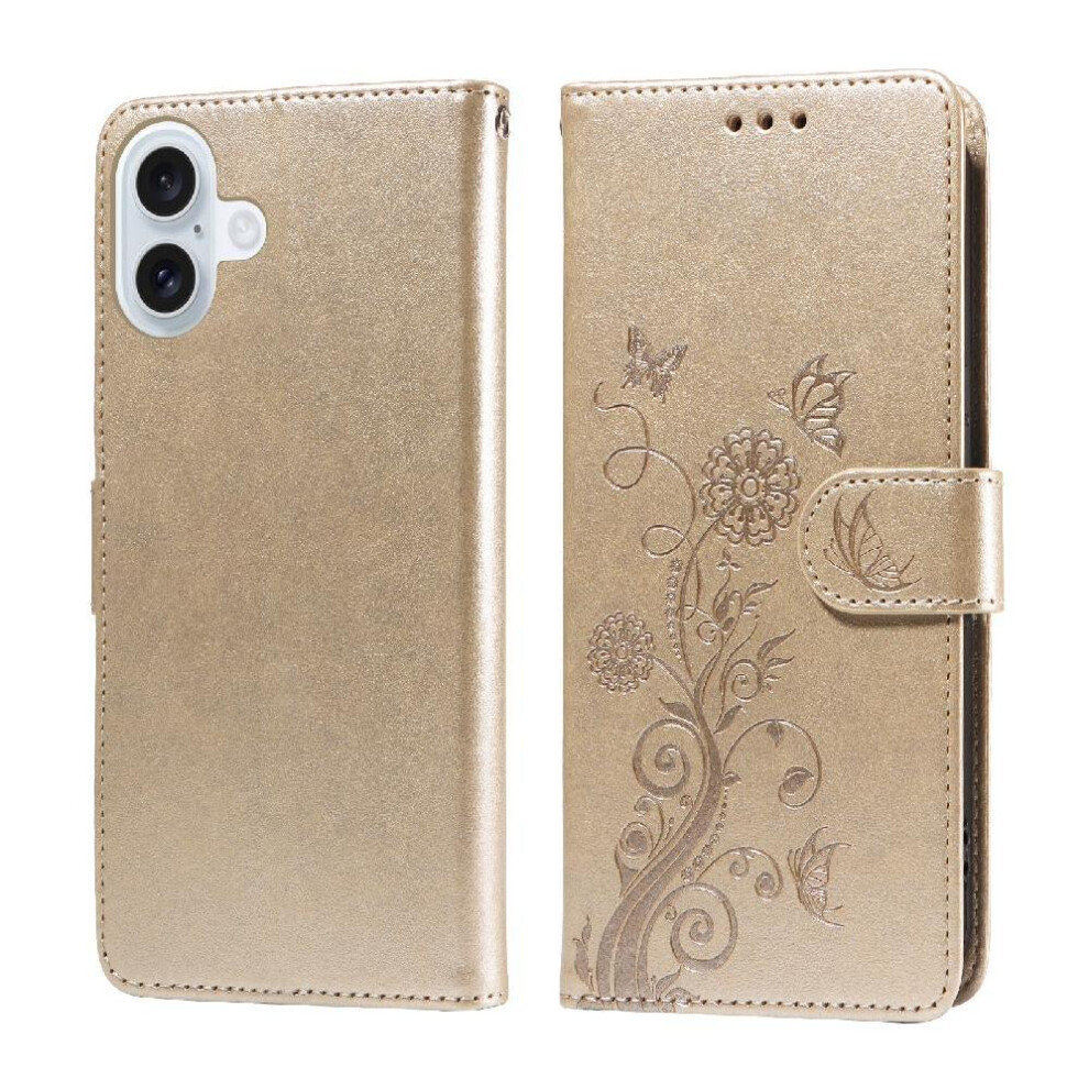 (Gold) Flip Case For Iphone 16 Plus Leather Cardslots Flower Flip Gold 764563735860