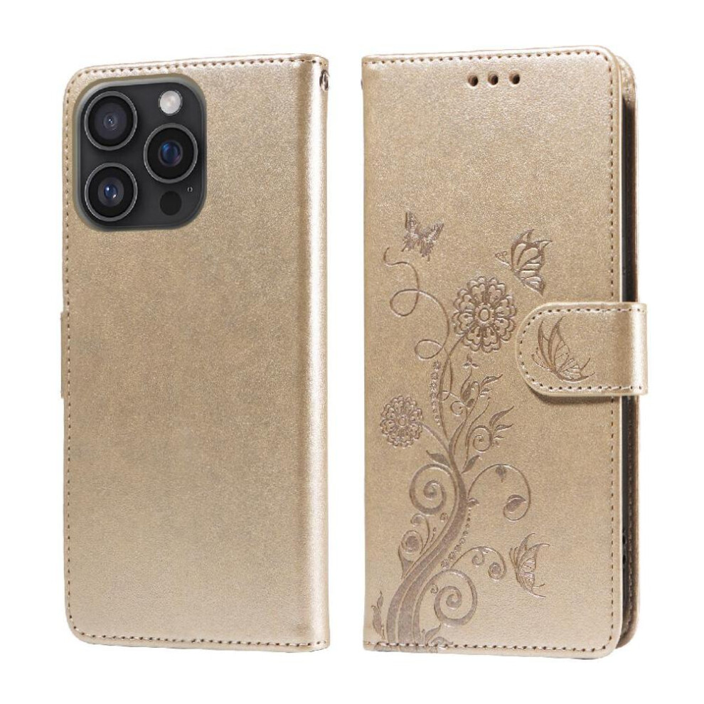 (Gold) Flip Case For Iphone 16 Pro Flower Flip Leather Cardslots Gold 764563735914