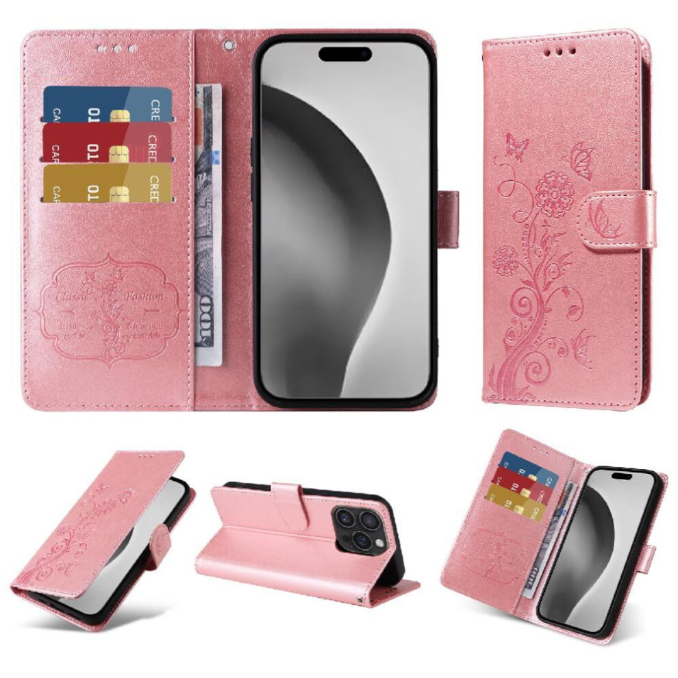 (Rose ) Flip Case For Iphone 16 Pro Flower Flip Leather Cardslots Gold 764563735921