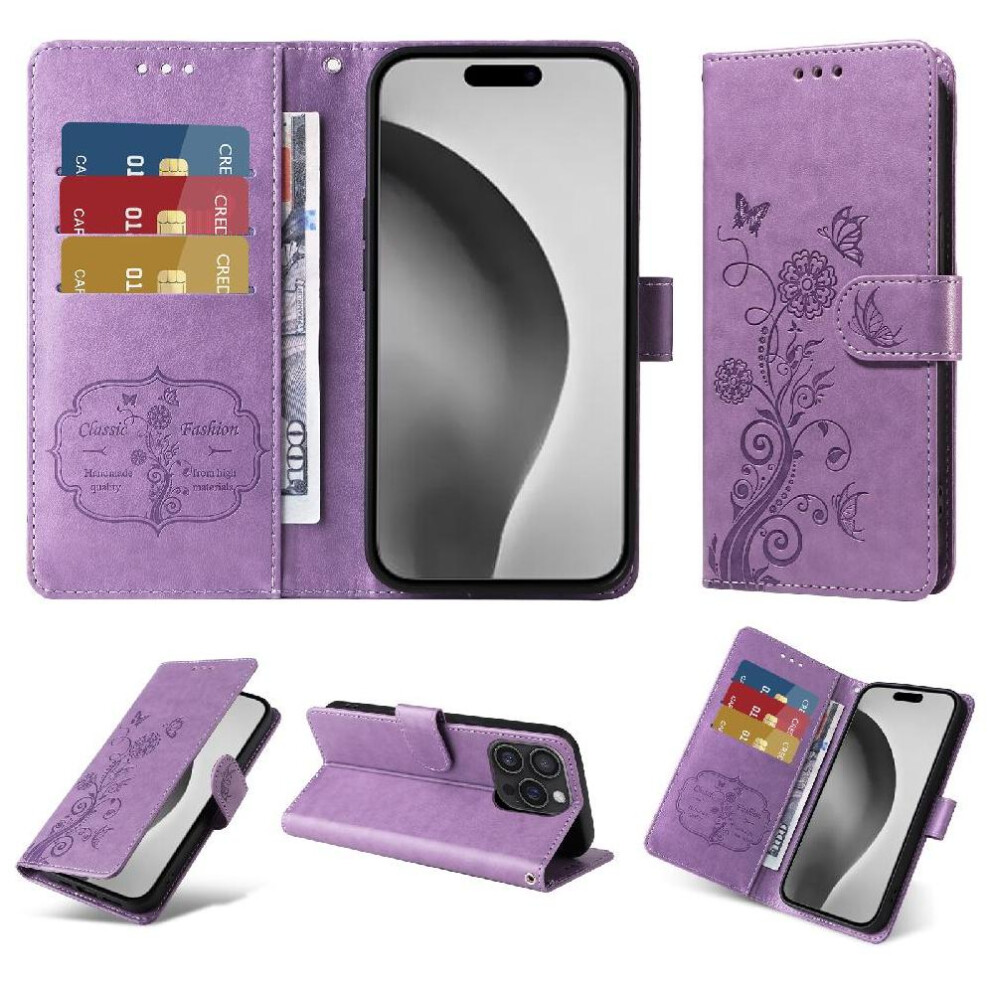 (Purple) Flip Case For Iphone 16 Pro Max Leather Flip Cardslots Flower Purple 764563735938
