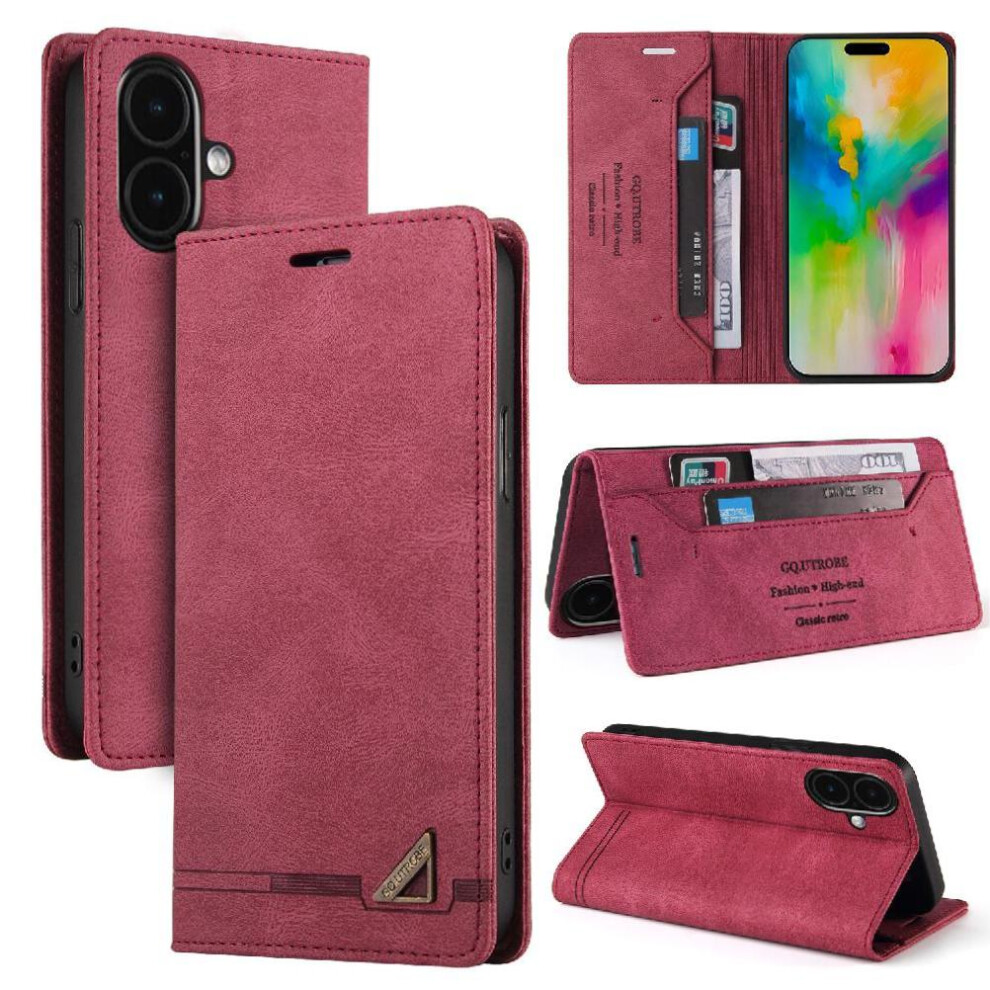 (Red) Case For Iphone 16 Plus Two Card Slots Kickstand Premium Leather Premium Leather Red 764563736096