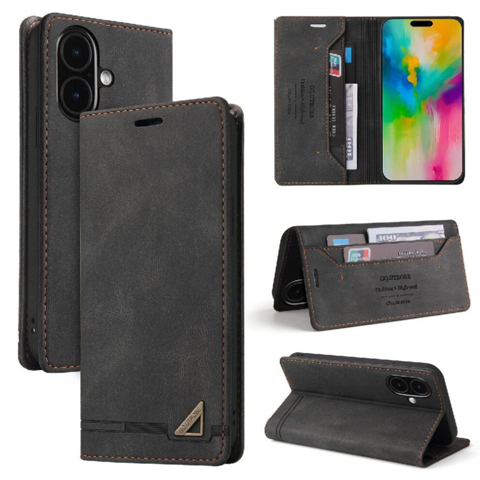 (Black) Case For Iphone 16 Plus Two Card Slots Kickstand Premium Leather Premium Leather Black 764563736089