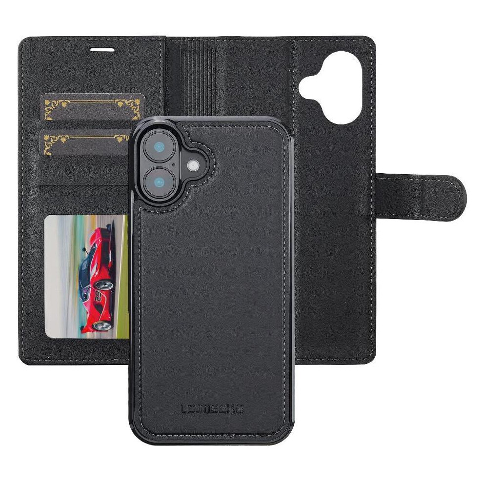 (Black) Flip Case For Iphone 16 Detachable 2 In 1 Pu Leather Split Leather Wallet Phone Cover Kickstand Wallet Case Black 764563736607