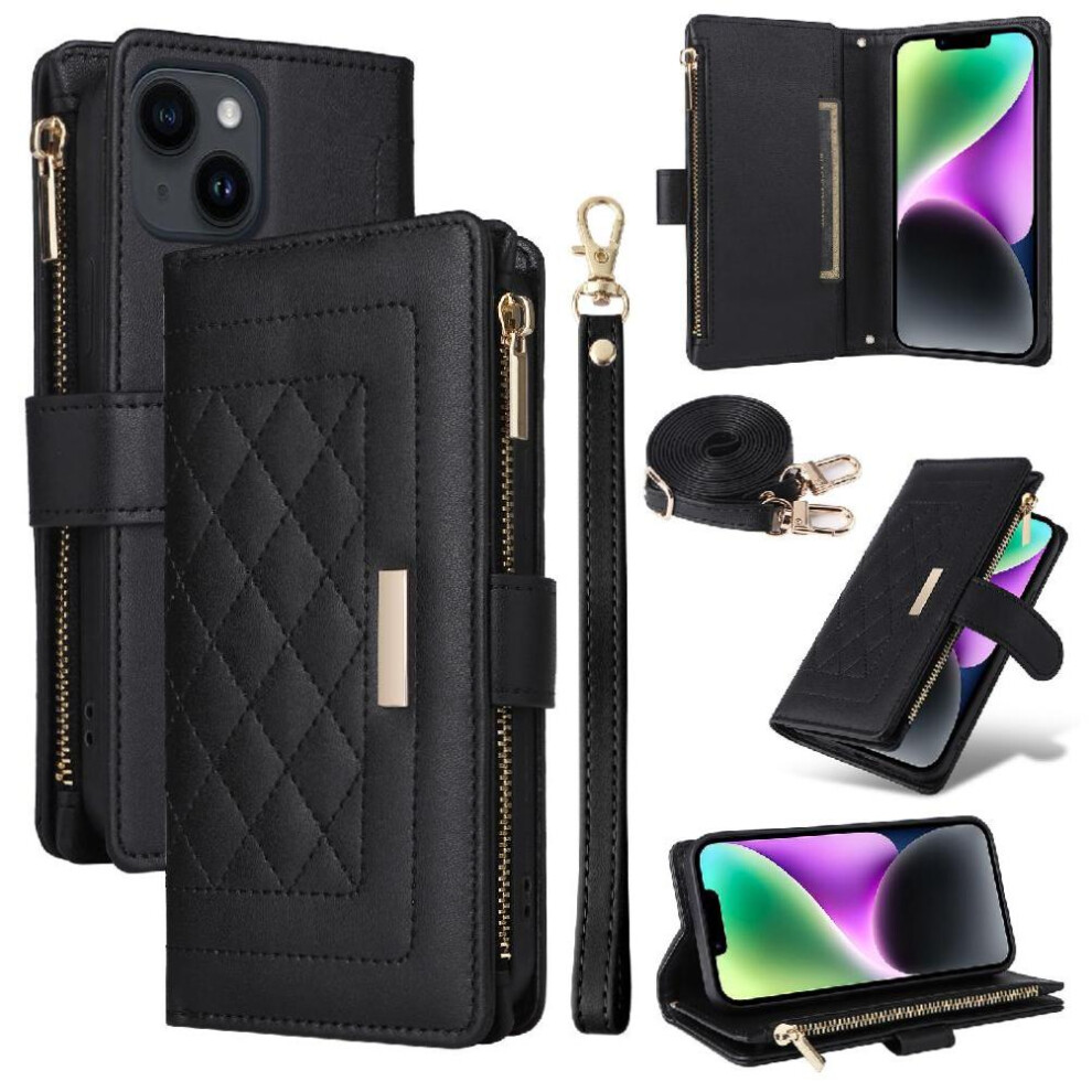(Black) Flip Case For Iphone 13 Shockproof Wallet Strap Card Slots Black 764563736669