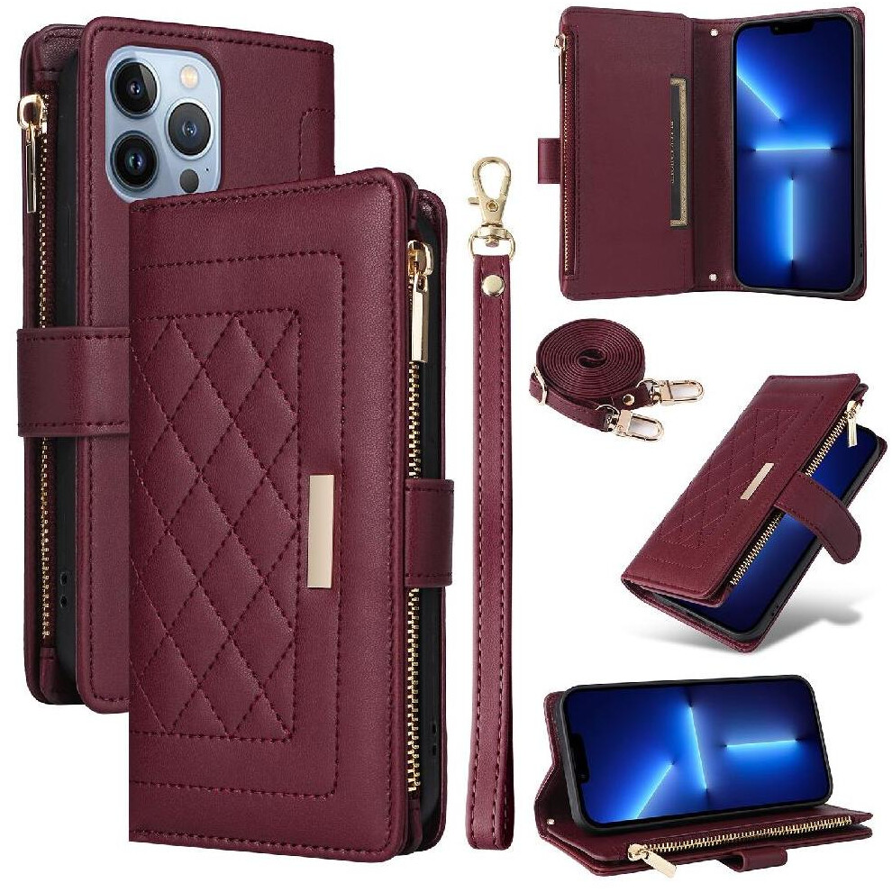 (Red) Flip Case For Iphone 13 Pro Card Slots Wallet Shockproof Strap Red 764563736737