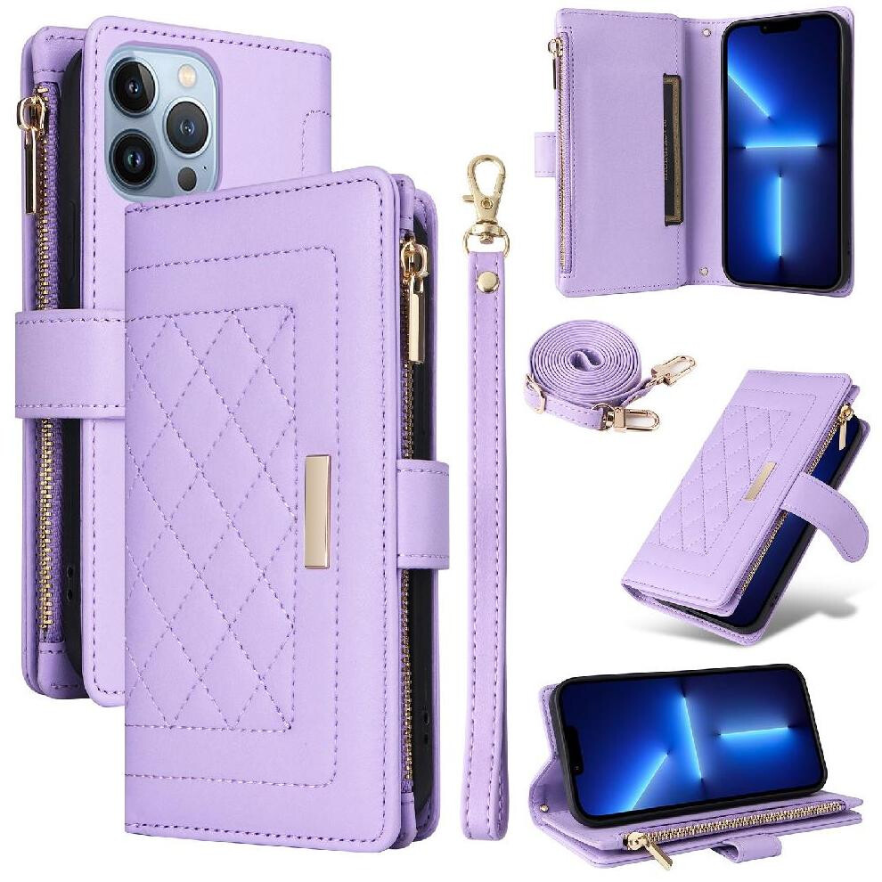 (Purple) Flip Case For Iphone 13 Pro Card Slots Wallet Shockproof Strap Purple 764563736706