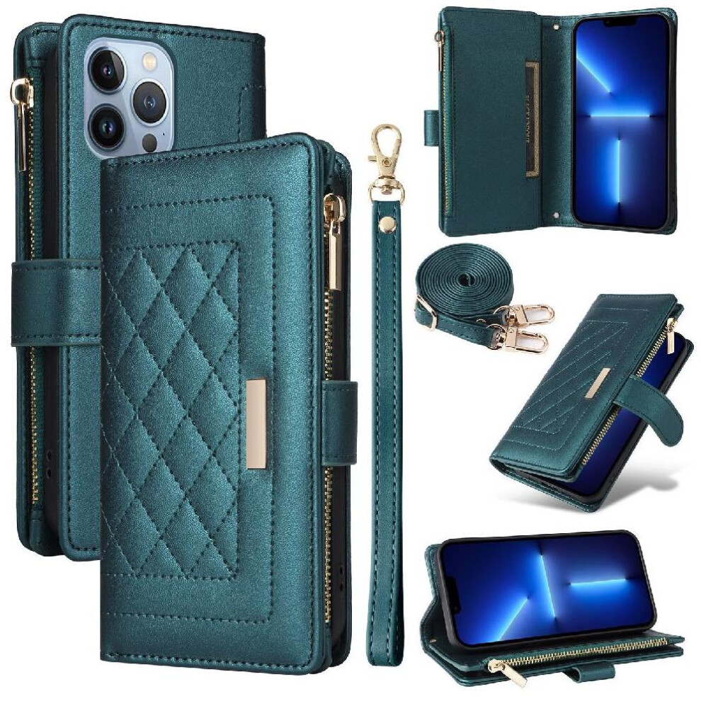 (Green) Flip Case For Iphone 13 Pro Max Card Slots Shockproof Strap Wallet Green 764563736775