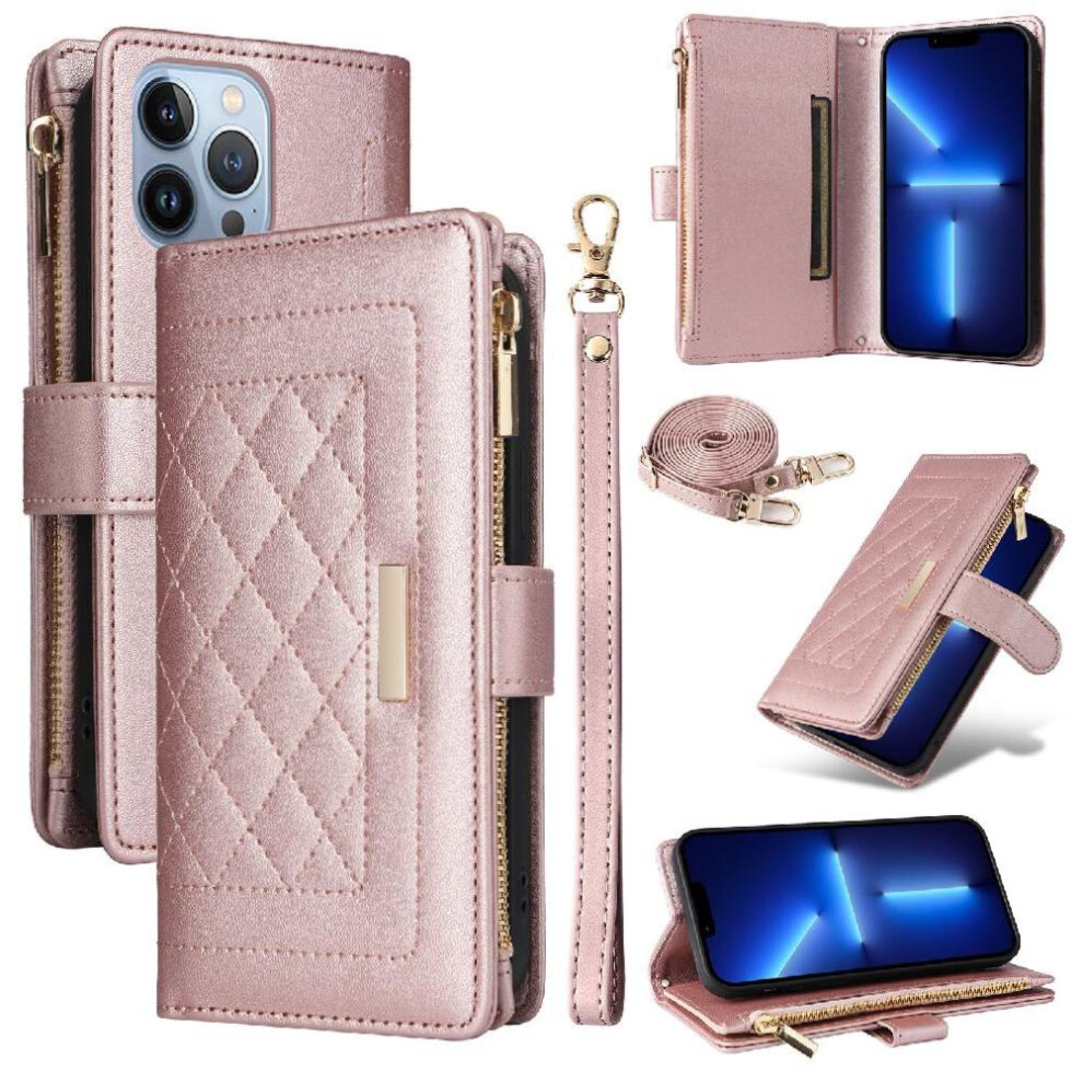 (Rose ) Flip Case For Iphone 13 Pro Max Card Slots Shockproof Strap Wallet Gold 764563736744