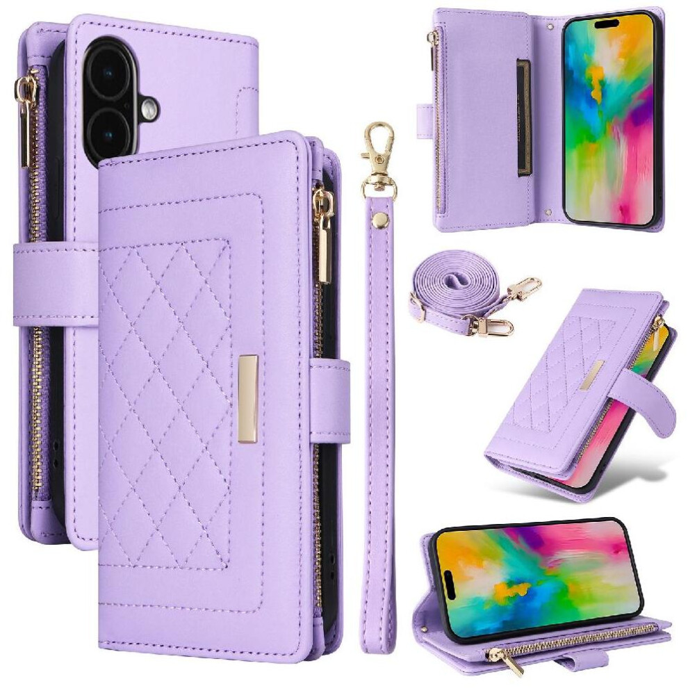 (Purple) Flip Case For Iphone 16 Shockproof Wallet Strap Card Slots Purple 764563736805